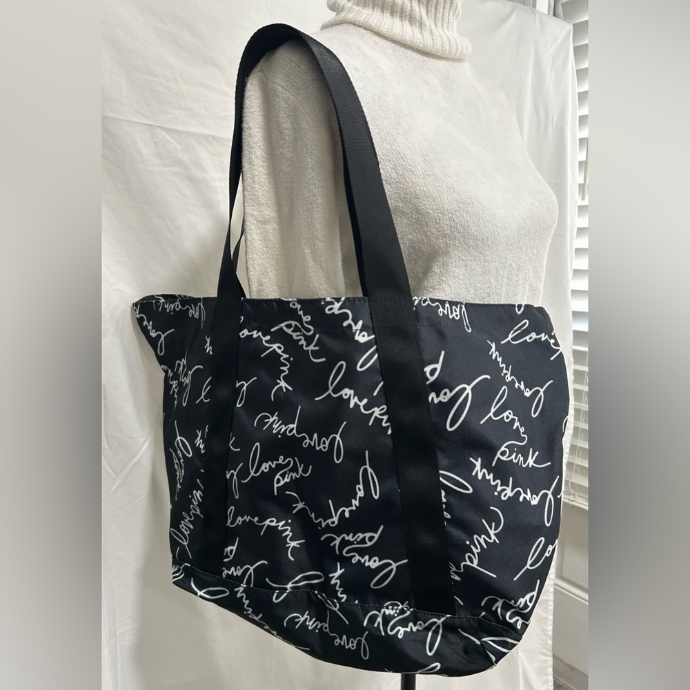Victoria's Secret Pink Black Script Logo Tote Zip Top Weekender Beach Bag